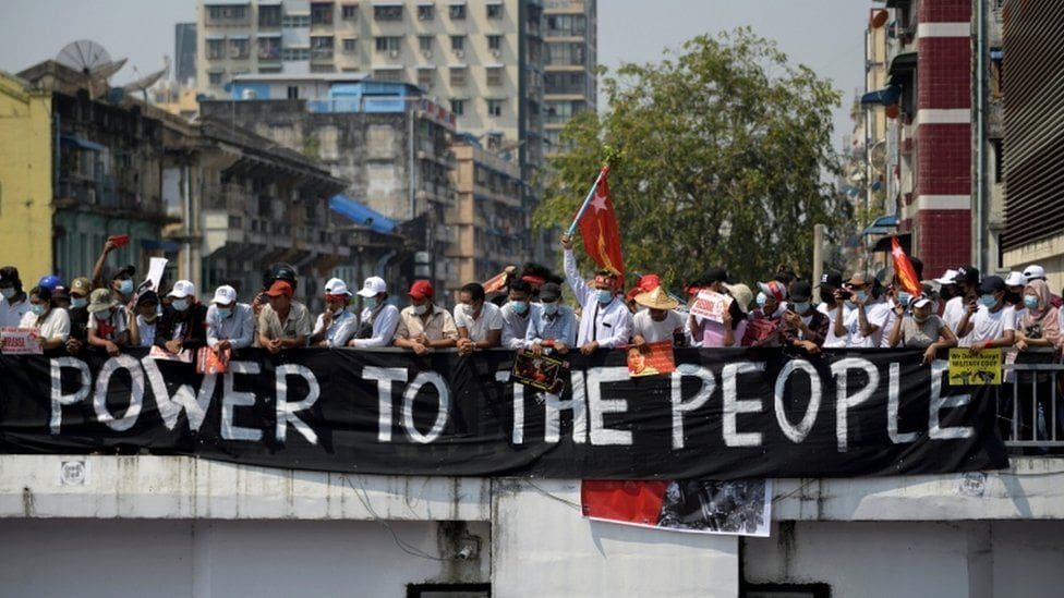 MYANMAR: Protesters defy military warning in mass strike 7 117134753 tv065853925