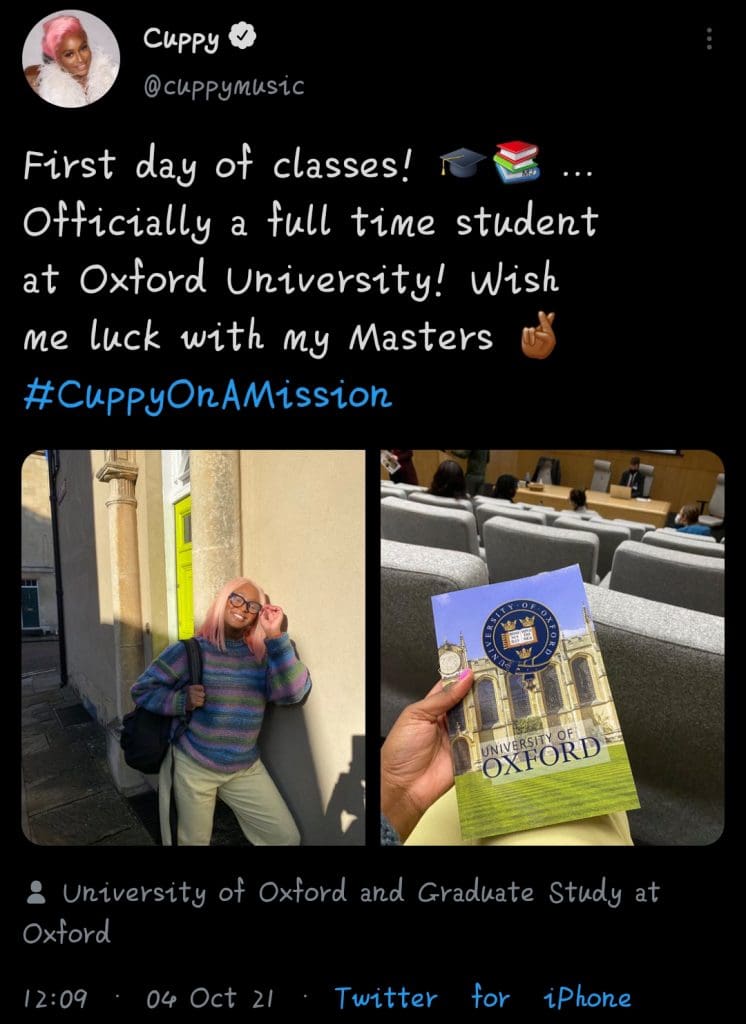 DJ Cuppy begins classes at University of Oxford 6 20211005 113631