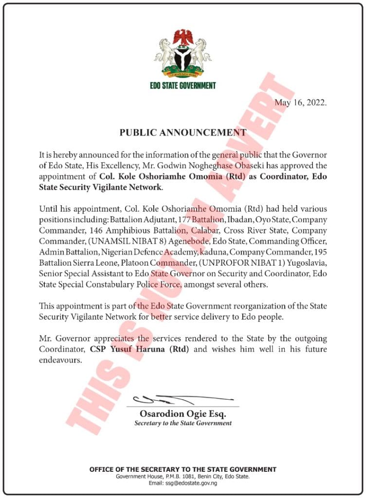 EDO: Obaseki appoints Col. Omomia as coordinator, security vigilante network 6 WhatsApp Image 2022 05 17 at 12.00.38 PM