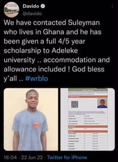 Davido grants Ghanaian student five-year scholarship to Adeleke university 6 20220622 212109