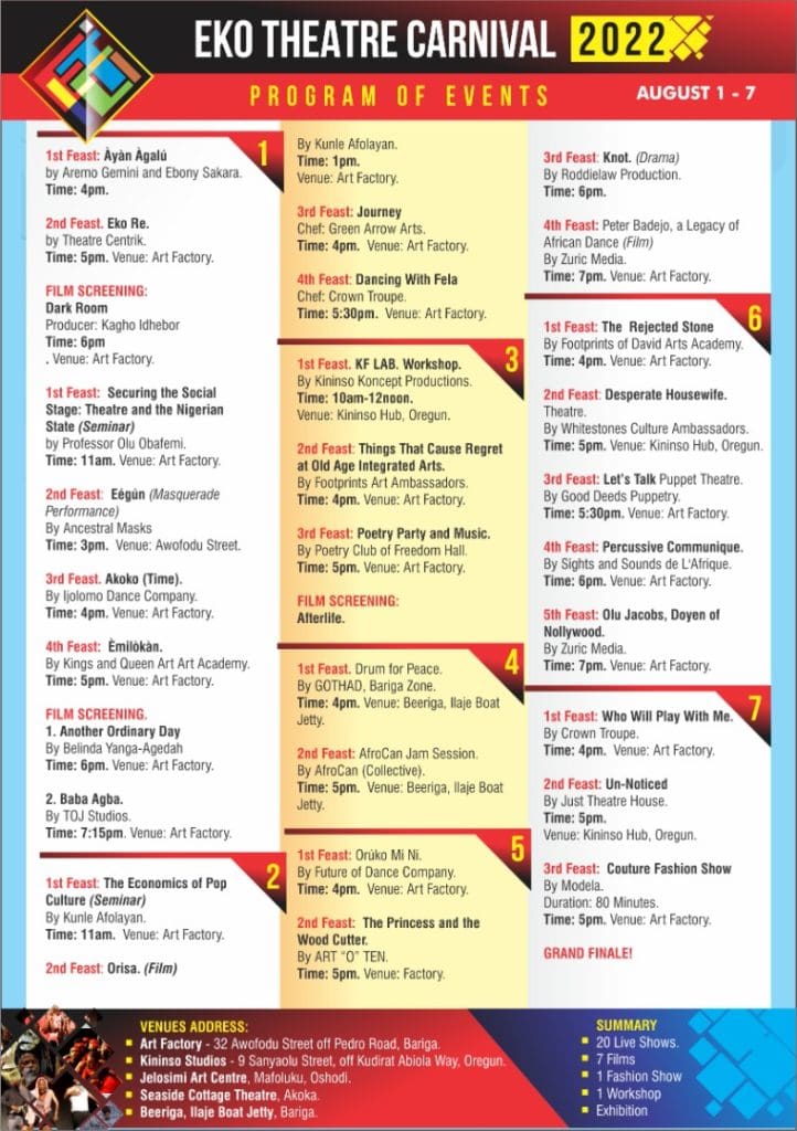 Countdown to 8-day creative 'feasts' in Lagos on 2022 Eko Theatre Carnival, August 1-7 7 ETC DAY 0001
