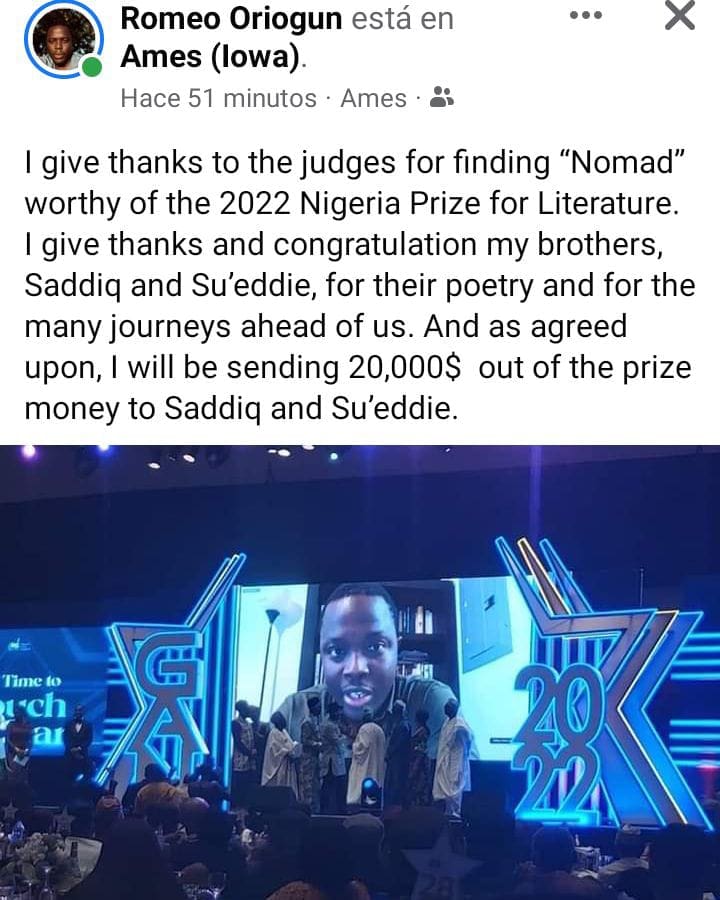 Romeo Oriogun resolves to share $100,000 Nigeria Prize for Literature 2022 with fellow poets 6 Unknown