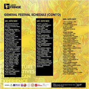 Lagos Fringe 6.0 rolls to an end this weekend with more theatrical, artistic splashes 8 LAGOS FRINGE 23 . general festival schedule page 2